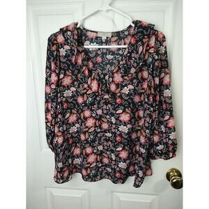 Loft Woman MP Blouse V Ruffle Neck Black Floral Boho Lagenlook 3/4 Sleeve Office
